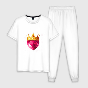 Мужская пижама хлопок с принтом Сердце с короной в Кировске, 100% хлопок | брюки и футболка прямого кроя, без карманов, на брюках мягкая резинка на поясе и по низу штанин
 | блеск | золото | корона | розовый | рубин | сердце