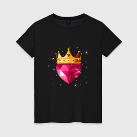 Женская футболка хлопок с принтом Сердце с короной в Кировске, 100% хлопок | прямой крой, круглый вырез горловины, длина до линии бедер, слегка спущенное плечо | блеск | золото | корона | розовый | рубин | сердце