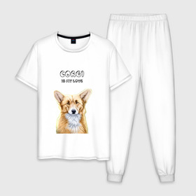 Мужская пижама хлопок с принтом Corgi is my Love в Кировске, 100% хлопок | брюки и футболка прямого кроя, без карманов, на брюках мягкая резинка на поясе и по низу штанин
 | corgi | corgi is my love | корги | собака