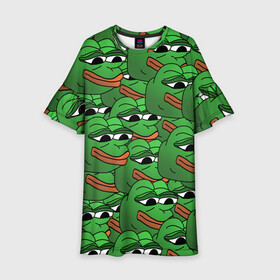 Детское платье 3D с принтом Pepe The Frog в Кировске, 100% полиэстер | прямой силуэт, чуть расширенный к низу. Круглая горловина, на рукавах — воланы | frog | meme | memes | pepe | pepe the frog | грустная жабка | лягушка | лягушонок пепе | мем | мемы