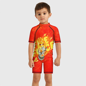 Детский купальный костюм 3D с принтом пламенная бригада пожарных красный фон в Кировске, Полиэстер 85%, Спандекс 15% | застежка на молнии на спине | anime | enenno shouboutai | fire force | аниме | пламенная бригада пожарных
