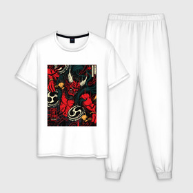 Мужская пижама хлопок с принтом God of thunder в Кировске, 100% хлопок | брюки и футболка прямого кроя, без карманов, на брюках мягкая резинка на поясе и по низу штанин
 | art | demon | god | japan | monster | shinto | арт | бог | демон | иллюстрация | монстр | япония | японский
