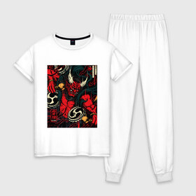 Женская пижама хлопок с принтом God of thunder в Кировске, 100% хлопок | брюки и футболка прямого кроя, без карманов, на брюках мягкая резинка на поясе и по низу штанин | Тематика изображения на принте: art | demon | god | japan | monster | shinto | арт | бог | демон | иллюстрация | монстр | япония | японский