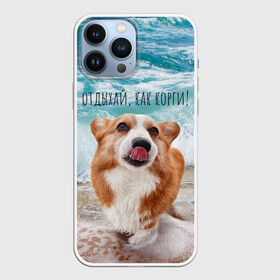 Чехол для iPhone 13 Pro Max с принтом Отдыхай, как корги в Кировске,  |  | Тематика изображения на принте: corgi | вельш корги | вельшкорги | веселая собака | дразнится | корги | люблю собак | маленькая собачка | милая собачка | море | морская пена | облизывается | отд | отдых волны | отдых пляж | отдыхай