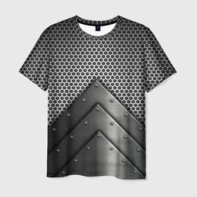 Мужская футболка 3D с принтом Броня металлическая в Кировске, 100% полиэфир | прямой крой, круглый вырез горловины, длина до линии бедер | абстракция | броня | геометрия | железо | кольчуга | конус | круги | линии | металл | полосы | сетка | сталь | текстура | треугольник