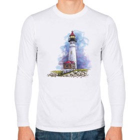 Мужской лонгслив хлопок с принтом Crisp Point Lighthouse в Кировске, 100% хлопок |  | art | katie batz | lighthouse | достопримечательности | маяк | море | отдых | пляж | туристы