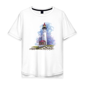 Мужская футболка хлопок Oversize с принтом Crisp Point Lighthouse в Кировске, 100% хлопок | свободный крой, круглый ворот, “спинка” длиннее передней части | Тематика изображения на принте: art | katie batz | lighthouse | достопримечательности | маяк | море | отдых | пляж | туристы