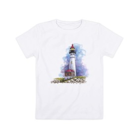 Детская футболка хлопок с принтом Crisp Point Lighthouse в Кировске, 100% хлопок | круглый вырез горловины, полуприлегающий силуэт, длина до линии бедер | Тематика изображения на принте: art | katie batz | lighthouse | достопримечательности | маяк | море | отдых | пляж | туристы