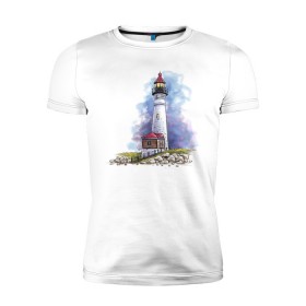 Мужская футболка премиум с принтом Crisp Point Lighthouse в Кировске, 92% хлопок, 8% лайкра | приталенный силуэт, круглый вырез ворота, длина до линии бедра, короткий рукав | art | katie batz | lighthouse | достопримечательности | маяк | море | отдых | пляж | туристы