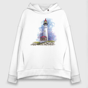 Женское худи Oversize хлопок с принтом Crisp Point Lighthouse в Кировске, френч-терри — 70% хлопок, 30% полиэстер. Мягкий теплый начес внутри —100% хлопок | боковые карманы, эластичные манжеты и нижняя кромка, капюшон на магнитной кнопке | art | katie batz | lighthouse | достопримечательности | маяк | море | отдых | пляж | туристы