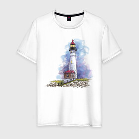 Мужская футболка хлопок с принтом Crisp Point Lighthouse в Кировске, 100% хлопок | прямой крой, круглый вырез горловины, длина до линии бедер, слегка спущенное плечо. | Тематика изображения на принте: art | katie batz | lighthouse | достопримечательности | маяк | море | отдых | пляж | туристы