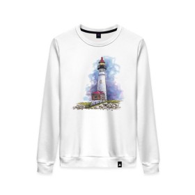 Женский свитшот хлопок с принтом Crisp Point Lighthouse в Кировске, 100% хлопок | прямой крой, круглый вырез, на манжетах и по низу широкая трикотажная резинка  | art | katie batz | lighthouse | достопримечательности | маяк | море | отдых | пляж | туристы