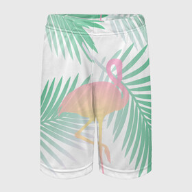 Детские спортивные шорты 3D с принтом Фламинго в джунглях в Кировске,  100% полиэстер
 | пояс оформлен широкой мягкой резинкой, ткань тянется
 | Тематика изображения на принте: арт | джунгли | лес | леса | пальма | пальмы | папоротник | розовый фламинго | фламинго