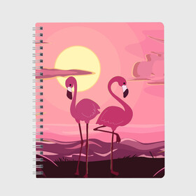Тетрадь с принтом фламинго в Кировске, 100% бумага | 48 листов, плотность листов — 60 г/м2, плотность картонной обложки — 250 г/м2. Листы скреплены сбоку удобной пружинной спиралью. Уголки страниц и обложки скругленные. Цвет линий — светло-серый
 | flamingo | pink | арт | животные | искусство | картина | пейзаж | природа | пруд | рисунок | розовый | фламинго