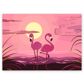 Поздравительная открытка с принтом фламинго в Кировске, 100% бумага | плотность бумаги 280 г/м2, матовая, на обратной стороне линовка и место для марки
 | flamingo | pink | арт | животные | искусство | картина | пейзаж | природа | пруд | рисунок | розовый | фламинго