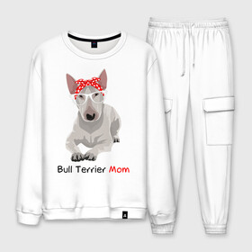 Мужской костюм хлопок с принтом Bull terrier Mom в Кировске, 100% хлопок | на свитшоте круглая горловина, мягкая резинка по низу. Брюки заужены к низу, на них два вида карманов: два “обычных” по бокам и два объемных, с клапанами, расположенные ниже линии бедра. Брюки с мягкой трикотажной резинкой на поясе и по низу штанин. В поясе для дополнительного комфорта — широкие завязки | бультерьер | собака | собачник