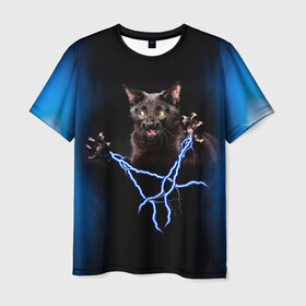 Мужская футболка 3D с принтом Грозовой кошак(громовержец) в Кировске, 100% полиэфир | прямой крой, круглый вырез горловины, длина до линии бедер | грозовой | громовержец | кот | кошак | молнии | разряды | черный