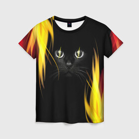 Женская футболка 3D с принтом Грозовой кошак в Кировске, 100% полиэфир ( синтетическое хлопкоподобное полотно) | прямой крой, круглый вырез горловины, длина до линии бедер | глаза | грозовой | кот | кошак | молнии | пламя | разряды | черный