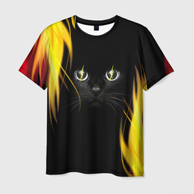 Мужская футболка 3D с принтом Грозовой кошак в Кировске, 100% полиэфир | прямой крой, круглый вырез горловины, длина до линии бедер | Тематика изображения на принте: глаза | грозовой | кот | кошак | молнии | пламя | разряды | черный