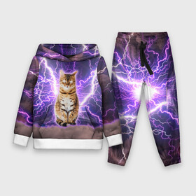 Детский костюм 3D (с толстовкой) с принтом Котушка Теслы в Кировске,  |  | cat | lightning | lightning cat | tesla | арт с котом | грозовой кошак | катушка теслы | кот | кот мем | котейка | котушка теслы | котяра | кошак | кошка | мем с котом | молнии | тесла