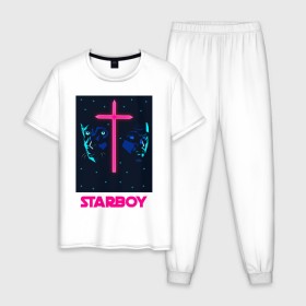 Мужская пижама хлопок с принтом STARBOY в Кировске, 100% хлопок | брюки и футболка прямого кроя, без карманов, на брюках мягкая резинка на поясе и по низу штанин
 | Тематика изображения на принте: blinding lights | heartless | starboy | the weekend | уикенд