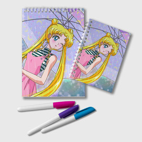 Блокнот с принтом Sailor Moon в Кировске, 100% бумага | 48 листов, плотность листов — 60 г/м2, плотность картонной обложки — 250 г/м2. Листы скреплены удобной пружинной спиралью. Цвет линий — светло-серый
 | Тематика изображения на принте: baby | bunny | girl | like | pink | sailormoon | usagi | вода капли | воин | волосы | глаза | девушка | дождь | зайчик | зонтик | котик | кролик | лето | луна | малышка | матроска | небо | облака | природа | радуга | розовый