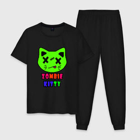 Мужская пижама хлопок с принтом Zombie Kitty в Кировске, 100% хлопок | брюки и футболка прямого кроя, без карманов, на брюках мягкая резинка на поясе и по низу штанин
 | Тематика изображения на принте: зомби | каваи | кислота | кот | котик | кошка | милый | монстр | пиксельный арт | радуга | яркий