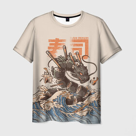 Мужская футболка 3D с принтом Sushi dragon в Кировске, 100% полиэфир | прямой крой, круглый вырез горловины, длина до линии бедер | Тематика изображения на принте: волны | дракон | суши | суши дракон | японские волны | японский дракон