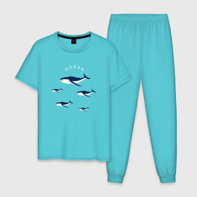 Мужская пижама хлопок с принтом Ocean в Кировске, 100% хлопок | брюки и футболка прямого кроя, без карманов, на брюках мягкая резинка на поясе и по низу штанин
 | касатки | киты | киты в океане | морские звери | океан