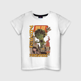 Детская футболка хлопок с принтом Broccozilla в Кировске, 100% хлопок | круглый вырез горловины, полуприлегающий силуэт, длина до линии бедер | большие броккли | броккозилла | брокколи | годзила | разрушение