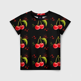 Детская футболка 3D с принтом Вишенки в Кировске, 100% гипоаллергенный полиэфир | прямой крой, круглый вырез горловины, длина до линии бедер, чуть спущенное плечо, ткань немного тянется | брызги | вишня | красный | сочно | ягода
