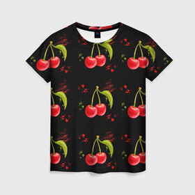 Женская футболка 3D с принтом Вишенки в Кировске, 100% полиэфир ( синтетическое хлопкоподобное полотно) | прямой крой, круглый вырез горловины, длина до линии бедер | брызги | вишня | красный | сочно | ягода
