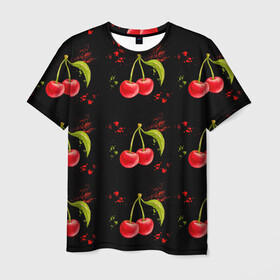 Мужская футболка 3D с принтом Вишенки в Кировске, 100% полиэфир | прямой крой, круглый вырез горловины, длина до линии бедер | Тематика изображения на принте: брызги | вишня | красный | сочно | ягода