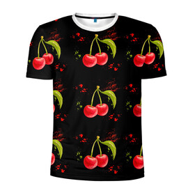 Мужская футболка 3D спортивная с принтом Вишенки в Кировске, 100% полиэстер с улучшенными характеристиками | приталенный силуэт, круглая горловина, широкие плечи, сужается к линии бедра | Тематика изображения на принте: брызги | вишня | красный | сочно | ягода