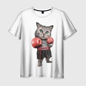 Мужская футболка 3D с принтом Кот боксёр  в Кировске, 100% полиэфир | прямой крой, круглый вырез горловины, длина до линии бедер | Тематика изображения на принте: арт | животные | искусство | картинка | рисунок