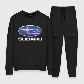 Женский костюм хлопок с принтом SUBARU в Кировске, 100% хлопок | на свитшоте круглая горловина, мягкая резинка по низу. Брюки заужены к низу, на них два вида карманов: два 