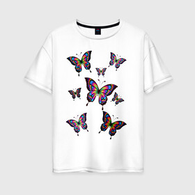 Женская футболка хлопок Oversize с принтом Бабочки в Кировске, 100% хлопок | свободный крой, круглый ворот, спущенный рукав, длина до линии бедер
 | бабочка | весна | девушкам | красота | лето | мотылек | разноцветная бабочка | цветная