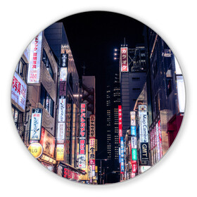 Коврик для мышки круглый с принтом Ночной Токио в Кировске, резина и полиэстер | круглая форма, изображение наносится на всю лицевую часть | город | города | дома | здания | иероглифы | надписи | небо | неон | ночь | огни | страны | сумерки | улица | фонари | япония