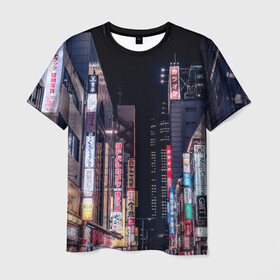 Мужская футболка 3D с принтом Ночной Токио в Кировске, 100% полиэфир | прямой крой, круглый вырез горловины, длина до линии бедер | город | города | дома | здания | иероглифы | надписи | небо | неон | ночь | огни | страны | сумерки | улица | фонари | япония