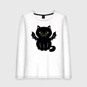 Женский лонгслив хлопок с принтом Black angel в Кировске, 100% хлопок |  | angel | black | cat | ears | eyes | fangs | kitten | moustache | nose | paws | tail | wings | клыки | кот | кошка | крылья | нос | усы | уши | хвост | черный