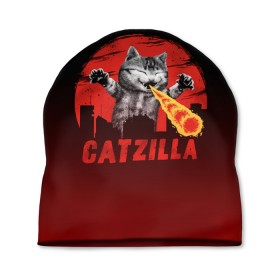 Шапка 3D с принтом CATZILLA в Кировске, 100% полиэстер | универсальный размер, печать по всей поверхности изделия | Тематика изображения на принте: catzilla | годзилла | кот | котик | кошка | кэтзилла | мимими | прикол | прикольная