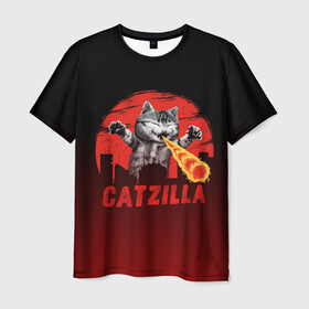 Мужская футболка 3D с принтом CATZILLA в Кировске, 100% полиэфир | прямой крой, круглый вырез горловины, длина до линии бедер | Тематика изображения на принте: catzilla | годзилла | кот | котик | кошка | кэтзилла | мимими | прикол | прикольная
