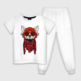Детская пижама хлопок с принтом Красная панда в Кировске, 100% хлопок |  брюки и футболка прямого кроя, без карманов, на брюках мягкая резинка на поясе и по низу штанин
 | cool | cute | fashion | panda | red | в очках | забавная | красная | крутая | милая | модная | очки | панда | пандарен | пандочка | пандочки | панды | смешная | солнечные очки | улыбается