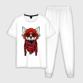 Мужская пижама хлопок с принтом Красная панда в Кировске, 100% хлопок | брюки и футболка прямого кроя, без карманов, на брюках мягкая резинка на поясе и по низу штанин
 | Тематика изображения на принте: cool | cute | fashion | panda | red | в очках | забавная | красная | крутая | милая | модная | очки | панда | пандарен | пандочка | пандочки | панды | смешная | солнечные очки | улыбается