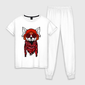 Женская пижама хлопок с принтом Красная панда в Кировске, 100% хлопок | брюки и футболка прямого кроя, без карманов, на брюках мягкая резинка на поясе и по низу штанин | cool | cute | fashion | panda | red | в очках | забавная | красная | крутая | милая | модная | очки | панда | пандарен | пандочка | пандочки | панды | смешная | солнечные очки | улыбается
