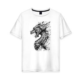 Женская футболка хлопок Oversize с принтом Китайский дракон арт в Кировске, 100% хлопок | свободный крой, круглый ворот, спущенный рукав, длина до линии бедер
 | арт | динозавр | дракон | дракон арт | драконий рев | зубы | китайский дракон | китайский дракон арт | клыки | крутой дракон | оскал | рев | серый | черно белый | чешуя | ящерица