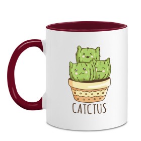 Кружка двухцветная с принтом Catctus в Кировске, керамика | объем — 330 мл, диаметр — 80 мм. Цветная ручка и кайма сверху, в некоторых цветах — вся внутренняя часть | art | cactus | cats | kittens | pot | арт | горшок | кактус | коты | котята | кошки