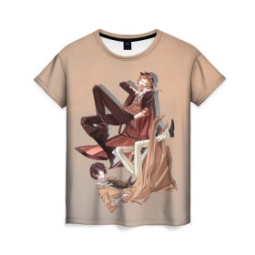 Женская футболка 3D с принтом Дазай и Чуя в Кировске, 100% полиэфир ( синтетическое хлопкоподобное полотно) | прямой крой, круглый вырез горловины, длина до линии бедер | bungou stray dogs | аниме | великие из бродячих псов | дазай | чуя