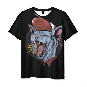 Мужская футболка 3D с принтом Rock n Roll Cat в Кировске, 100% полиэфир | прямой крой, круглый вырез горловины, длина до линии бедер | Тематика изображения на принте: 