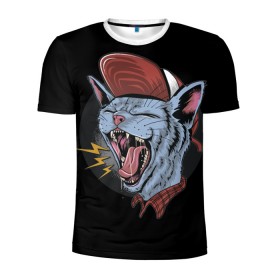 Мужская футболка 3D спортивная с принтом Rock n Roll Cat в Кировске, 100% полиэстер с улучшенными характеристиками | приталенный силуэт, круглая горловина, широкие плечи, сужается к линии бедра | Тематика изображения на принте: 